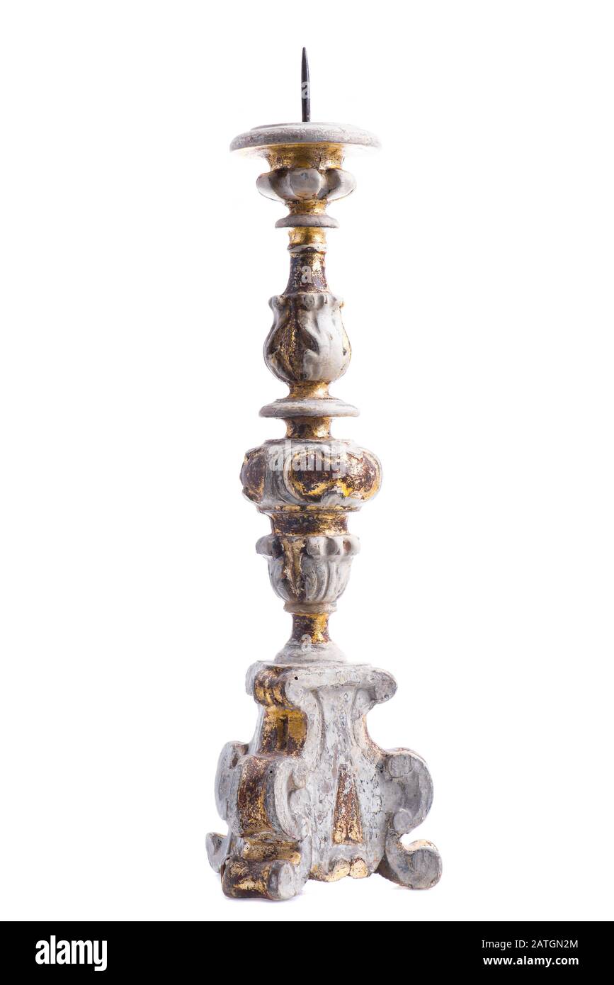 Antikes Holz Pricket Candlestick, Handgeschnitzt, Vergoldeter Italienischer Barock Stockfoto