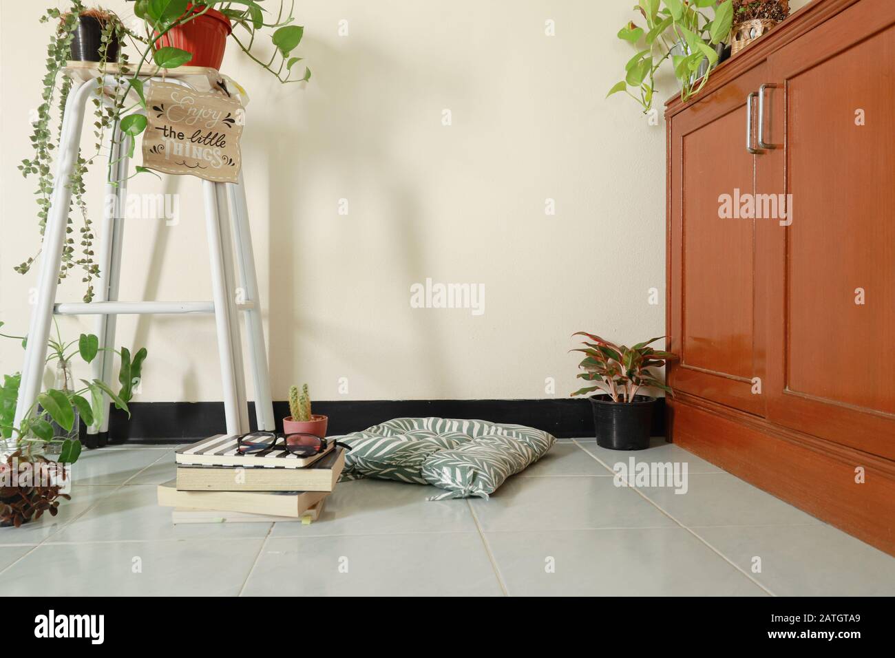 Einfache und frische Hausdekoration für Spring mit Zimmerpflanzen für einen beruhigenden und geschlechtsneutralen Wohnbereich Stockfoto