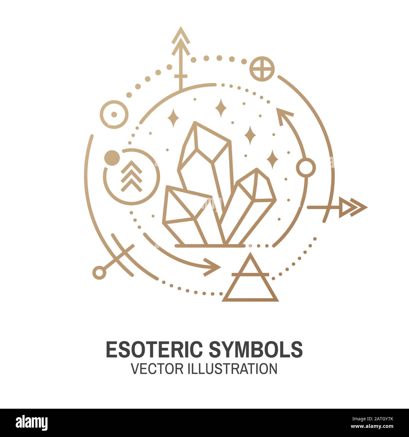 Esoterische Symbole. Vektorgrafiken. Geometrische Plakette mit dünner Linie. Gliederungssymbol für Alchemie oder heilige Geometrie. Mystisches und magisches Design mit alchemischen Symbolen und Kristallen. Stock Vektor
