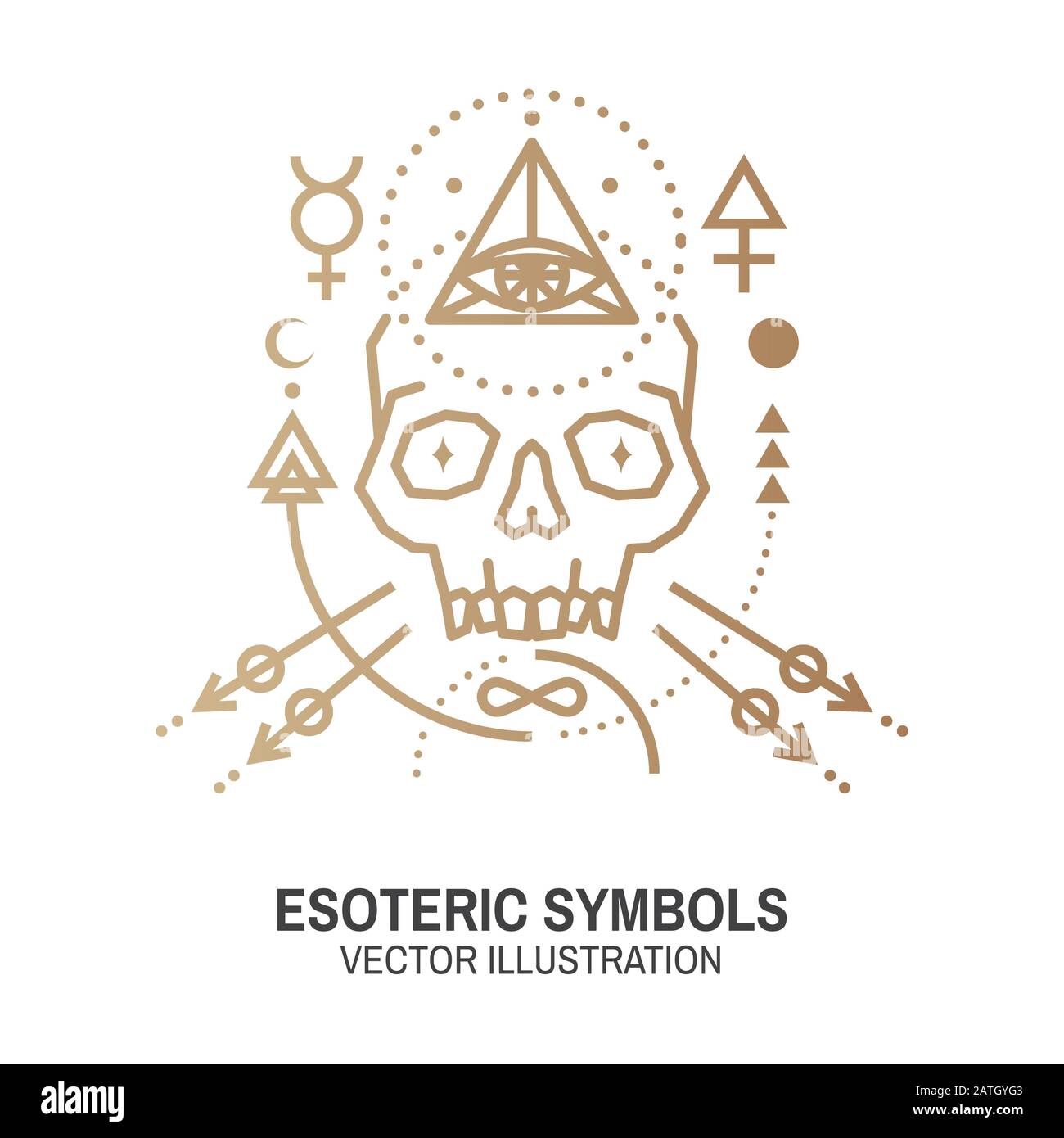 Esoterische Symbole. Vektorgrafiken. Geometrische Plakette mit dünner Linie. Gliederungssymbol für Alchemie oder heilige Geometrie. Mystisches und magisches Design mit Schädel- und Alchemie-Symbolen. Stock Vektor