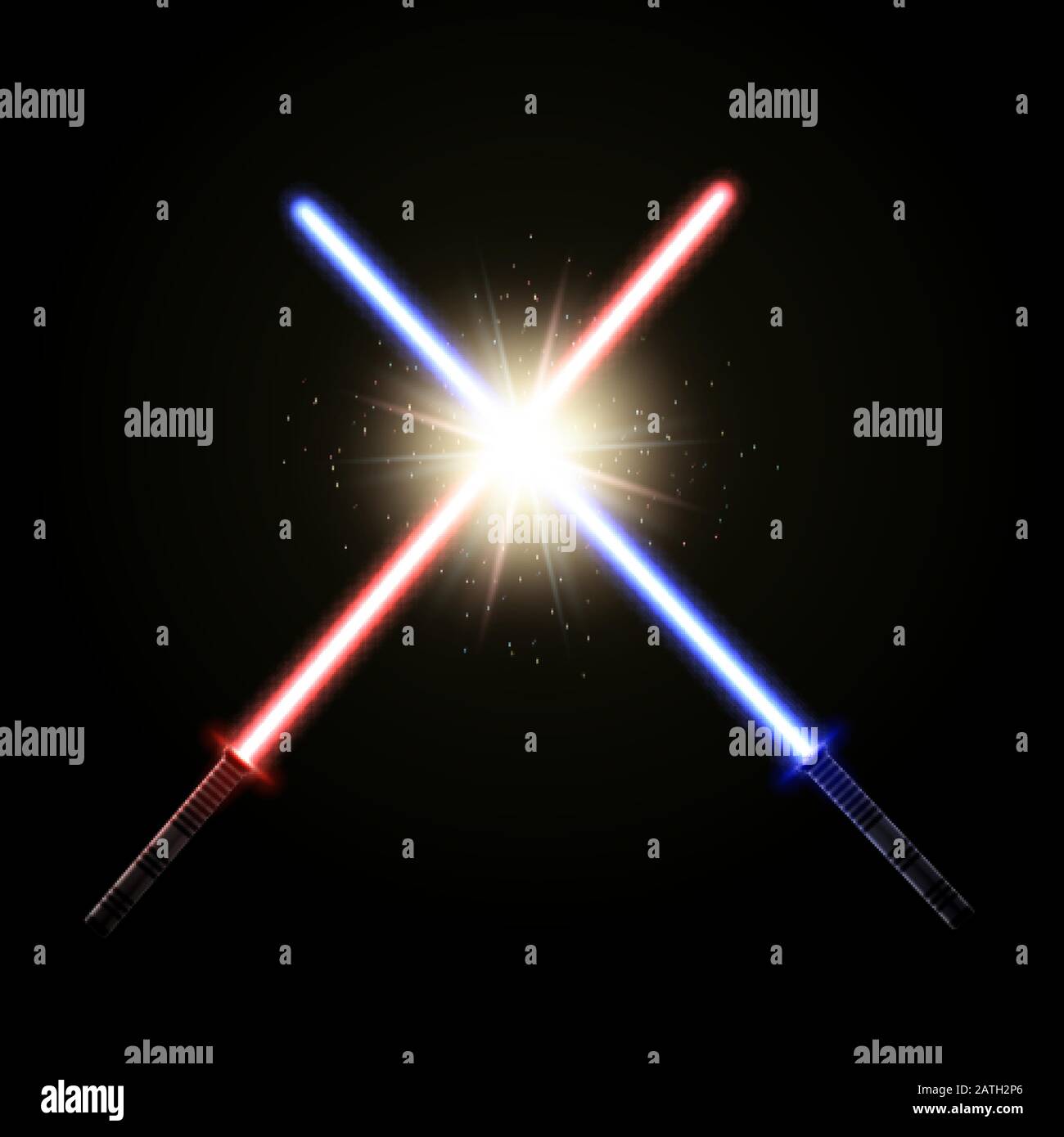 Zwei gekreuzte Lichtschwerter. Rote und blaue Lasersäbel als Konzept des guten gegen den bösen Kampf. Stock Vektor
