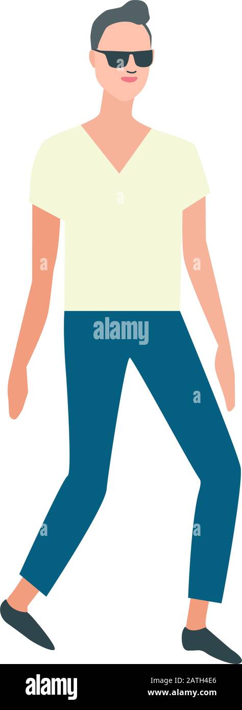 Männliche Zeichentrickfigur, die in Sonnenbrille spazieren geht. Modische flache Vektorgrafiken. Junger Mann Student Charakter. Weißer Hintergrund isoliert. Stock Vektor