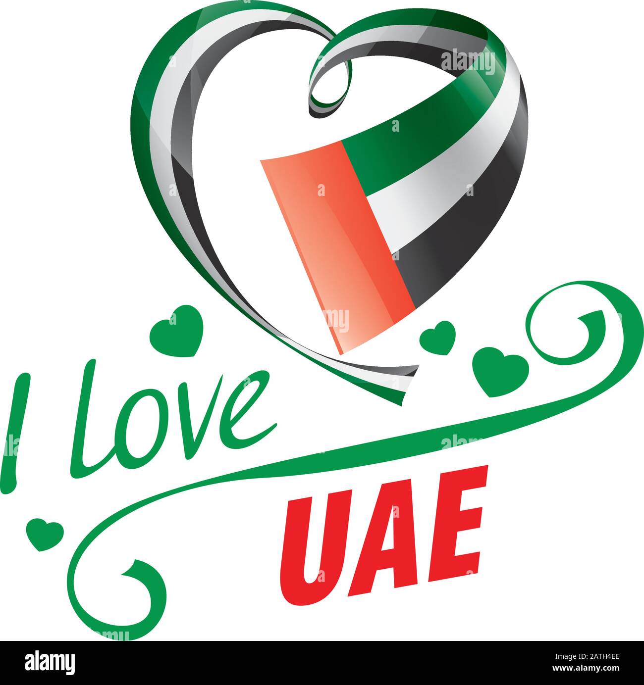Nationalflaggen der Vereinigten Arabischen Emirate in Form eines Herzens und der Aufschrift "I love UAE". Vektorgrafiken Stock Vektor