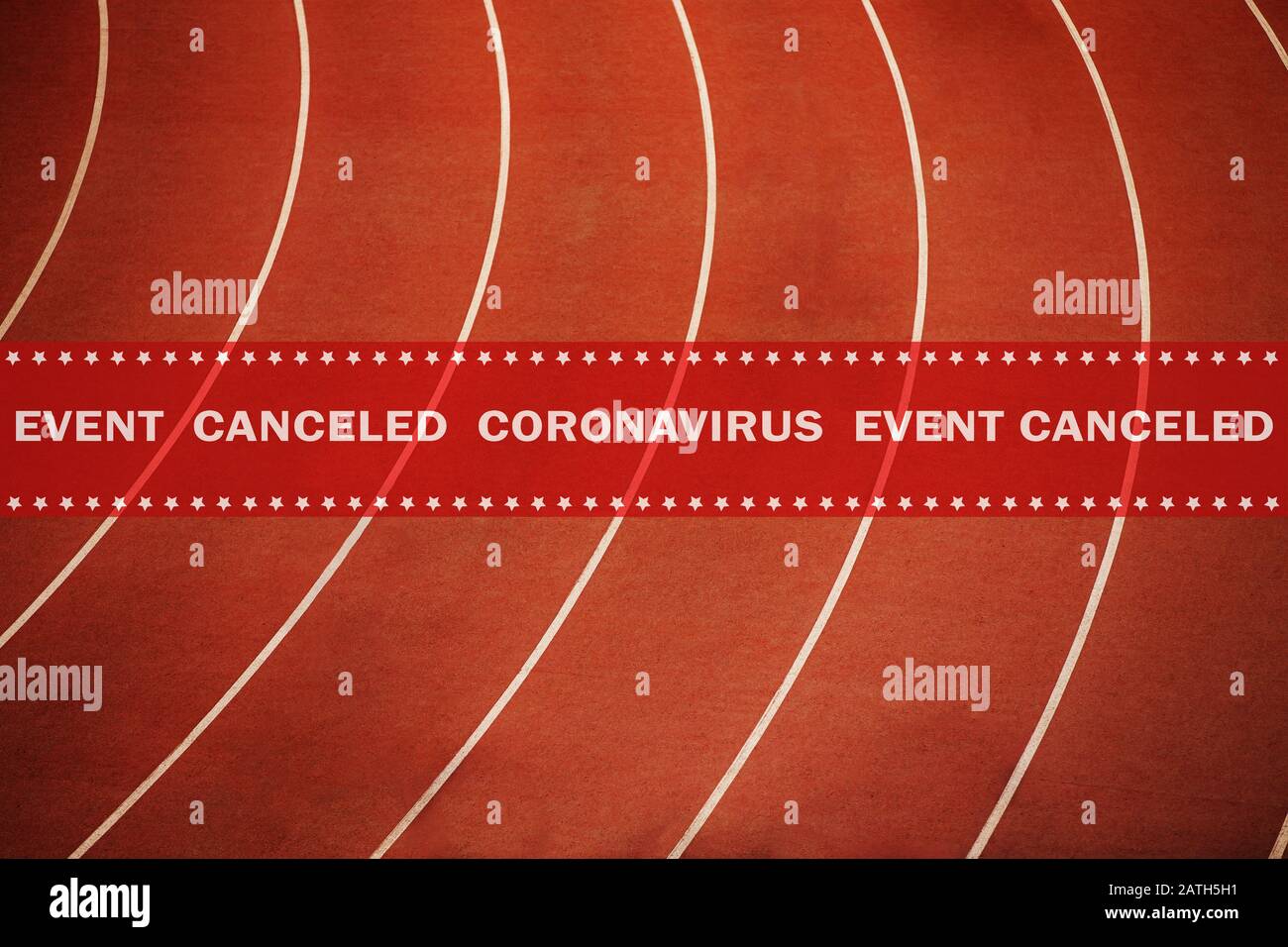 Warnungsband Veranstaltung abgebrochen Coronavirus im Hintergrund laufen Leichtathletik roten Track Stockfoto