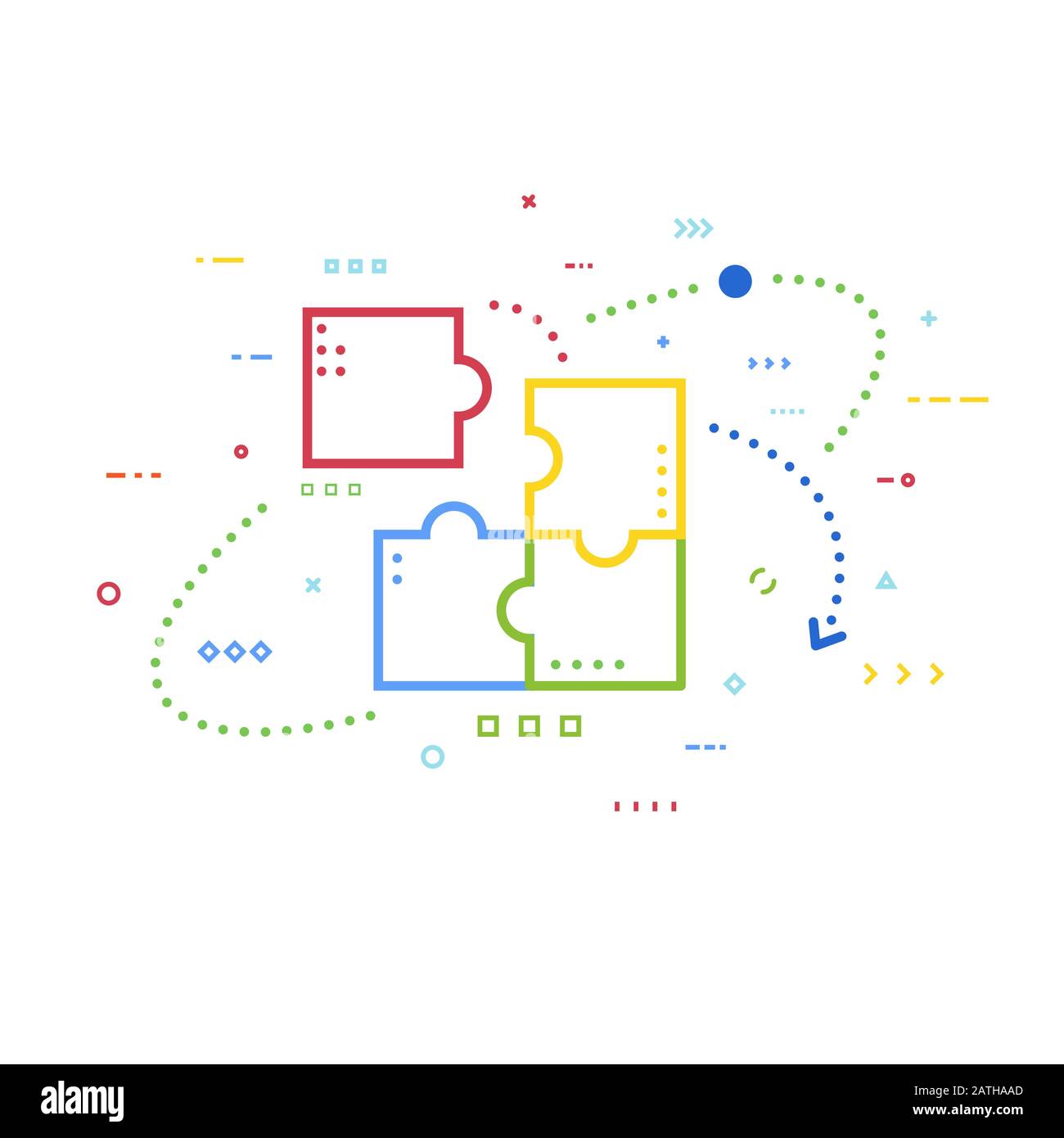 Puzzle Geschäftskonzept. Puzzle- und abstrakte Linien, Punkte und Quadrate. Teamaufbau, Zusammenarbeit, Teamarbeit, passende Struktur. Modernes Design mit Linienführung Stock Vektor