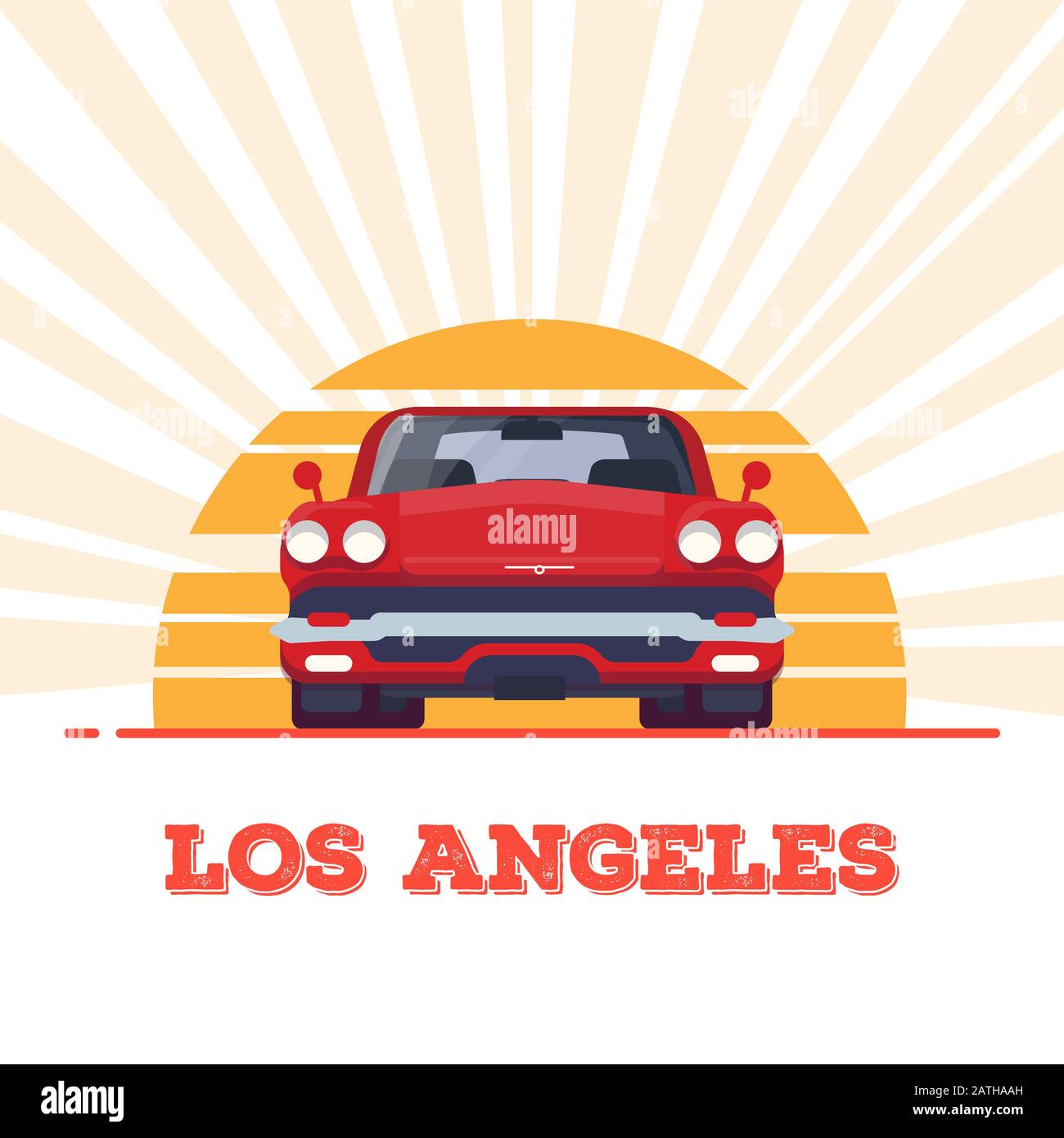 Vorderansicht des roten Muskelsportwagens aus den 60er Jahren. Sonne und Strahlen. Los Angeles - flaches Banner im Vintage-Stil. Fahrzeug- und Transportbanner. Altes Auto im Retro-Stil fr Stock Vektor