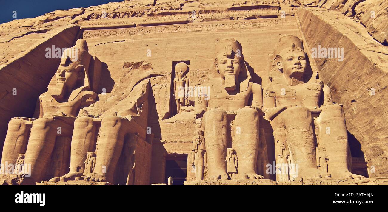 Detail des Großen Tempels von Ramesses II., Abu Simbel, Ägypten Stockfoto