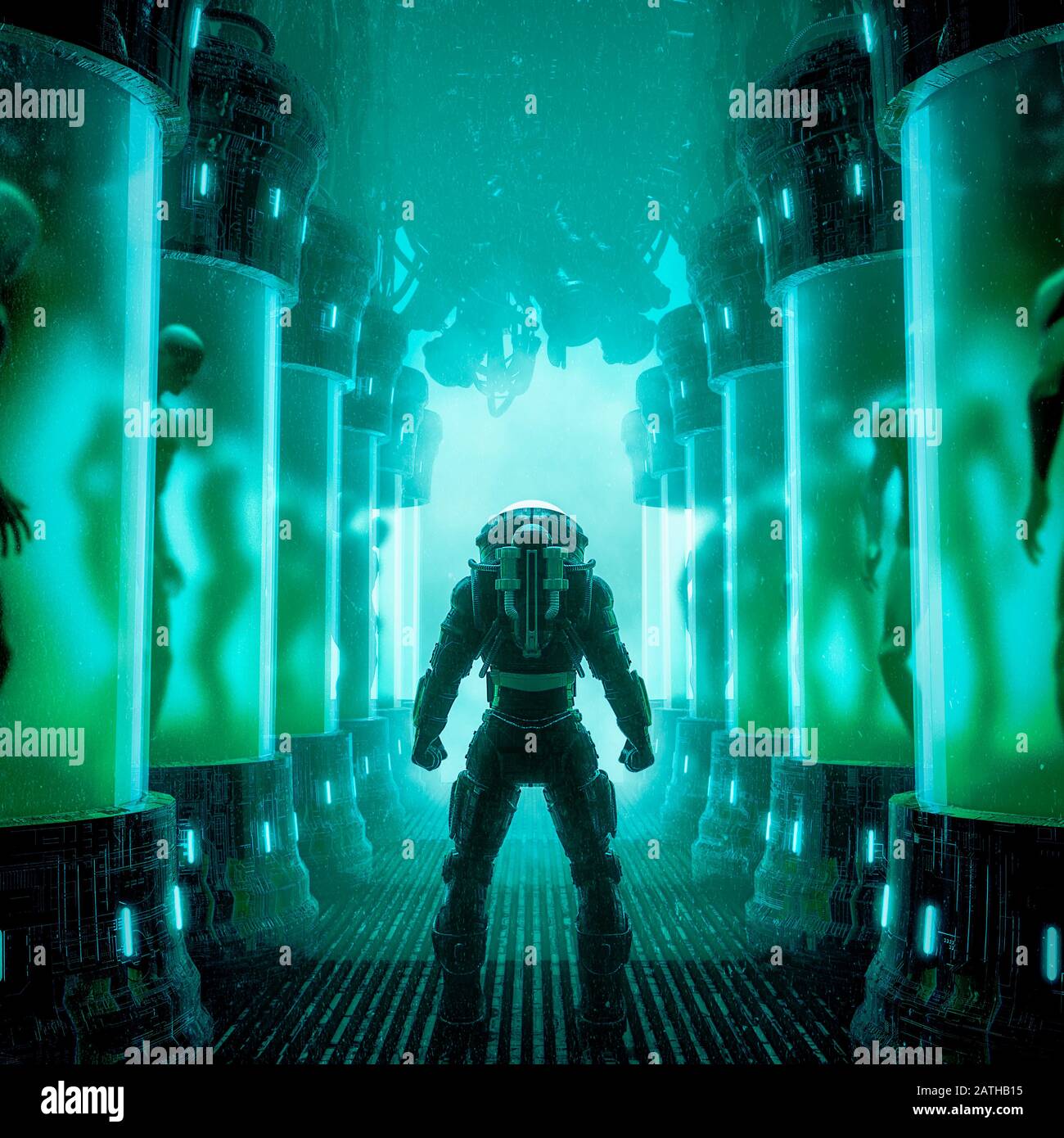 Treffen Sie Ihren Hersteller/Ihre 3D-Illustration der Science-Fiction-Szene mit Astronauten im futuristischen außerirdischen Labor, das mit menschlichen Klonen gefüllt ist Stockfoto