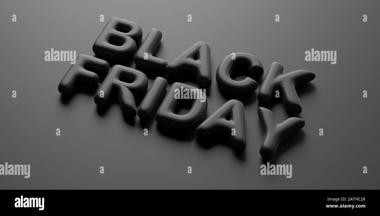 Verkaufskonzept für den Black Friday. Schwarzer Freitagstext, schwarze Buchstaben vor schwarzem Farbhintergrund. 3D-Abbildung Stockfoto