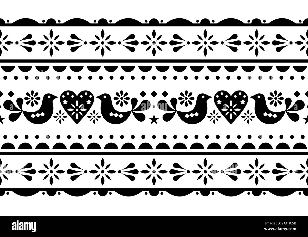Skandinavische Liebe, Valentinstag Volkskunst nahtlose Vektor lange Muster, florale süße Nordic Design mit Vögeln, Herzen und Blumen Stock Vektor