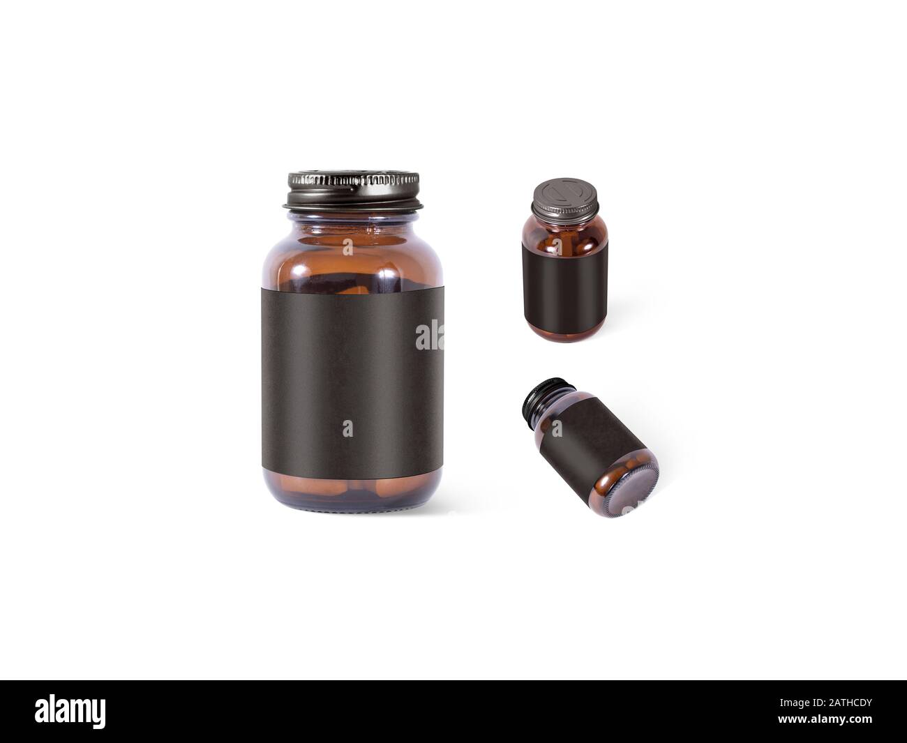 Blank Bernstein Glas Pille kann schwarz Etikett Mockup, verschiedene Ansichten Stockfoto