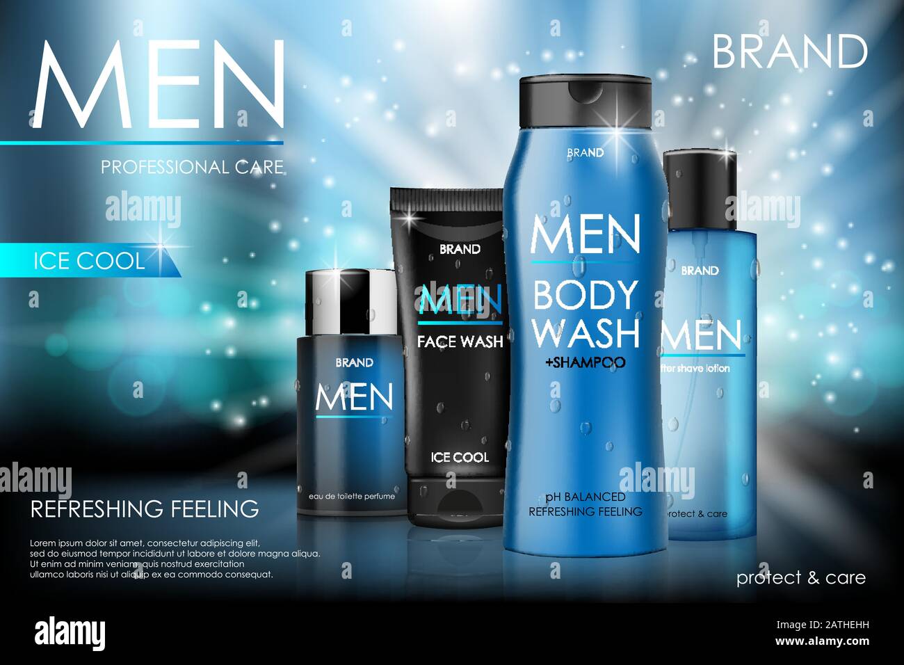 Körperpflegeprodukte für Männer. Körper- und Gesichtswäsche, Shampoo, Parfümwerbung mit weichem Bokeh in 3D-Darstellung auf glitzerndem Hintergrund Stock Vektor