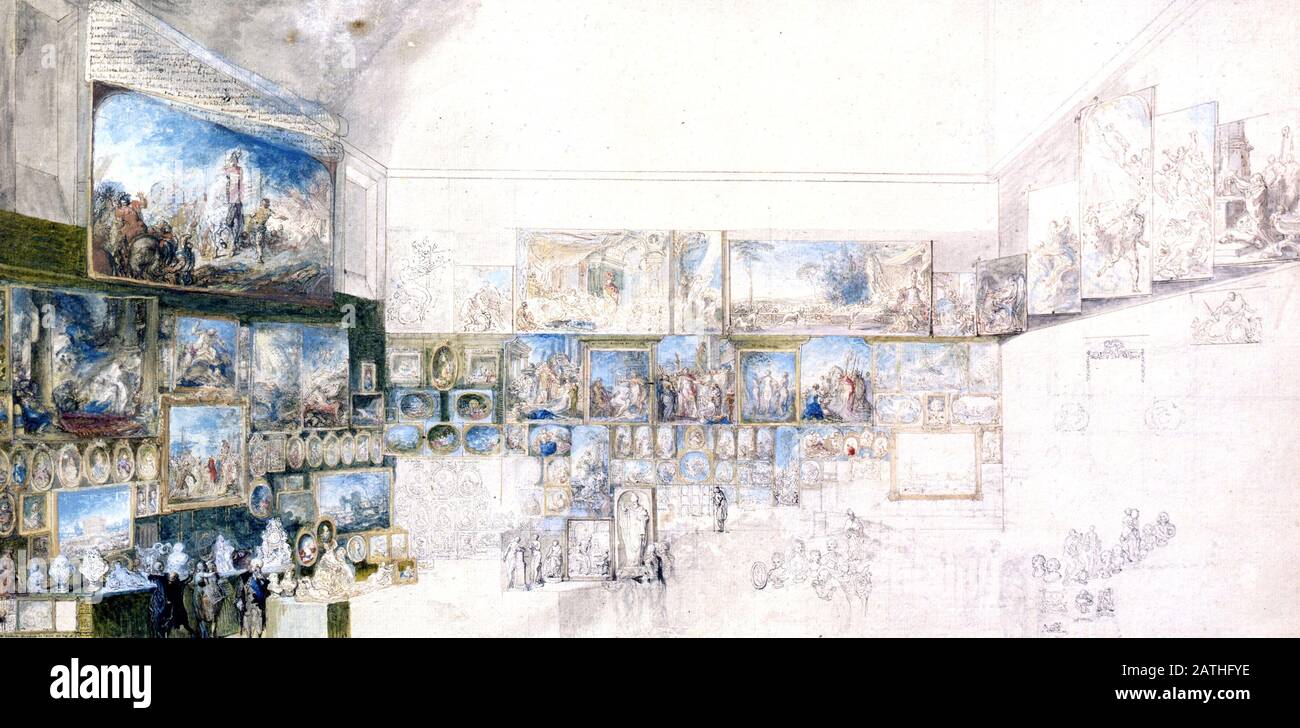 Gabriel de Saint-Aubin französisches Schulkabinett mit Zeichnungen (Vue du Salon de 1765er) Wasserfarbe und Tinte aus dem 18. Jahrhundert (24 x 46,7 cm) Paris, musee du Louvre Stockfoto