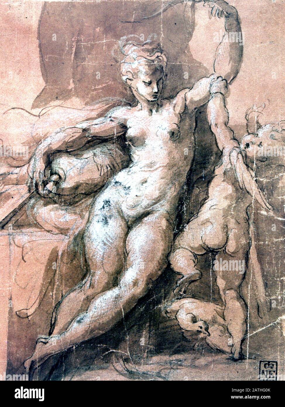 Girolamo Francesco Maria Mazzola bekannt als Parmigianino italienische Schule Venus Entwaffnende Kupid c.1527-1530 Stift, waschen, Tinte und Kreide auf Papier (18,8 x 14,3 cm) Budapest, Museum der Schönen Künste Stockfoto
