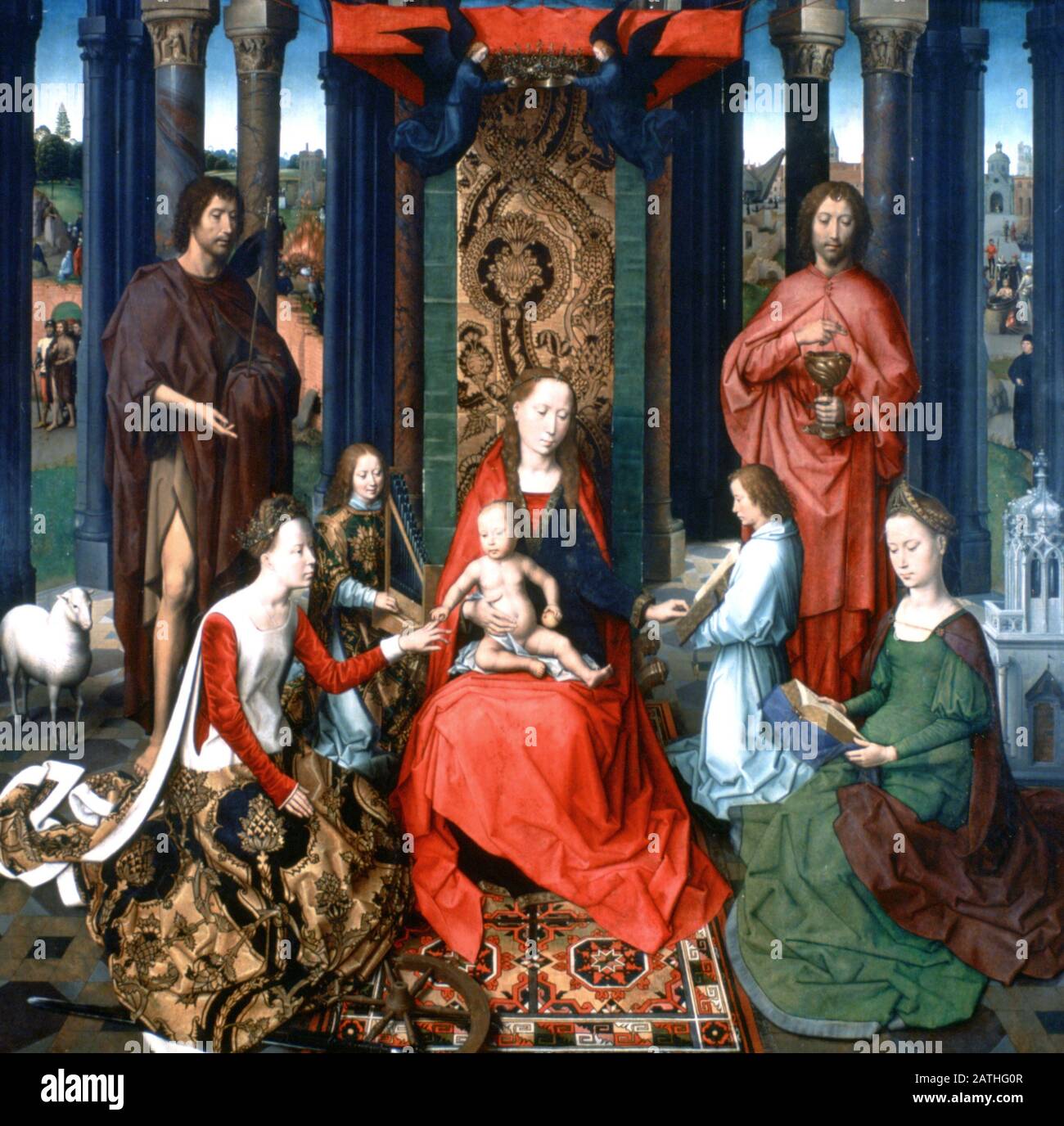 Triptychon des heiligen Johannes des Täufers und des heiligen Johannes des Evangelisten, 1479. Das Hotel befindet sich in der Sammlung im Krankenhaus Saint Jean, Brüggen. Stockfoto