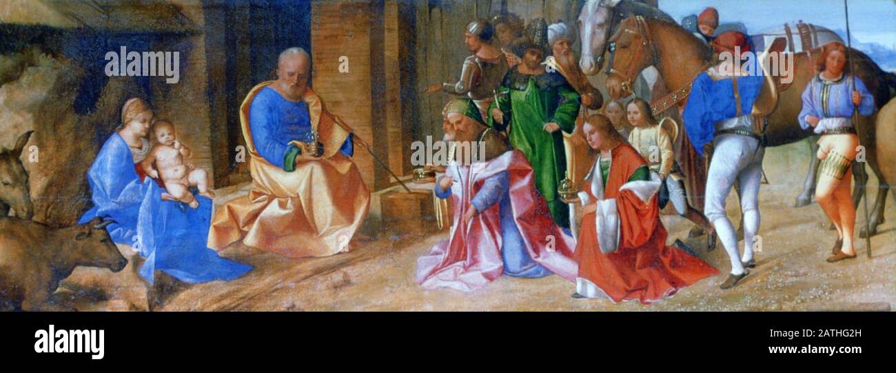 Giorgio Barbarelli da Castelfranco bekannt als Giorgione italienische Schule Die Anbetung der Könige 1506-1507 Öl auf Holz (29,8 x 81,3 cm) London, National Gallery Stockfoto