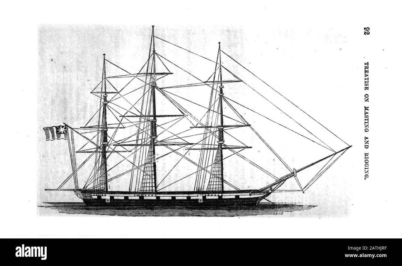 Die Namen, die die Masten, Segel, Werften, Takelage usw. eines Segelschiffs von "Rudimentäre Treatise on Mast, Mastmaking and Rigging of Ships"-Publi beschreiben Stockfoto