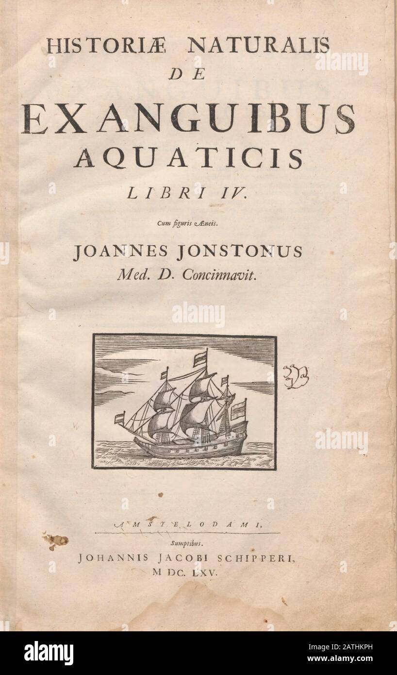 Titelseite von "Historiae Naturalis De Exanguibus Aquaticis libri IV" (Naturgeschichte der Meerestiere Buch 4) von Johannes Jonston. Veröffentlicht 1665. Stockfoto