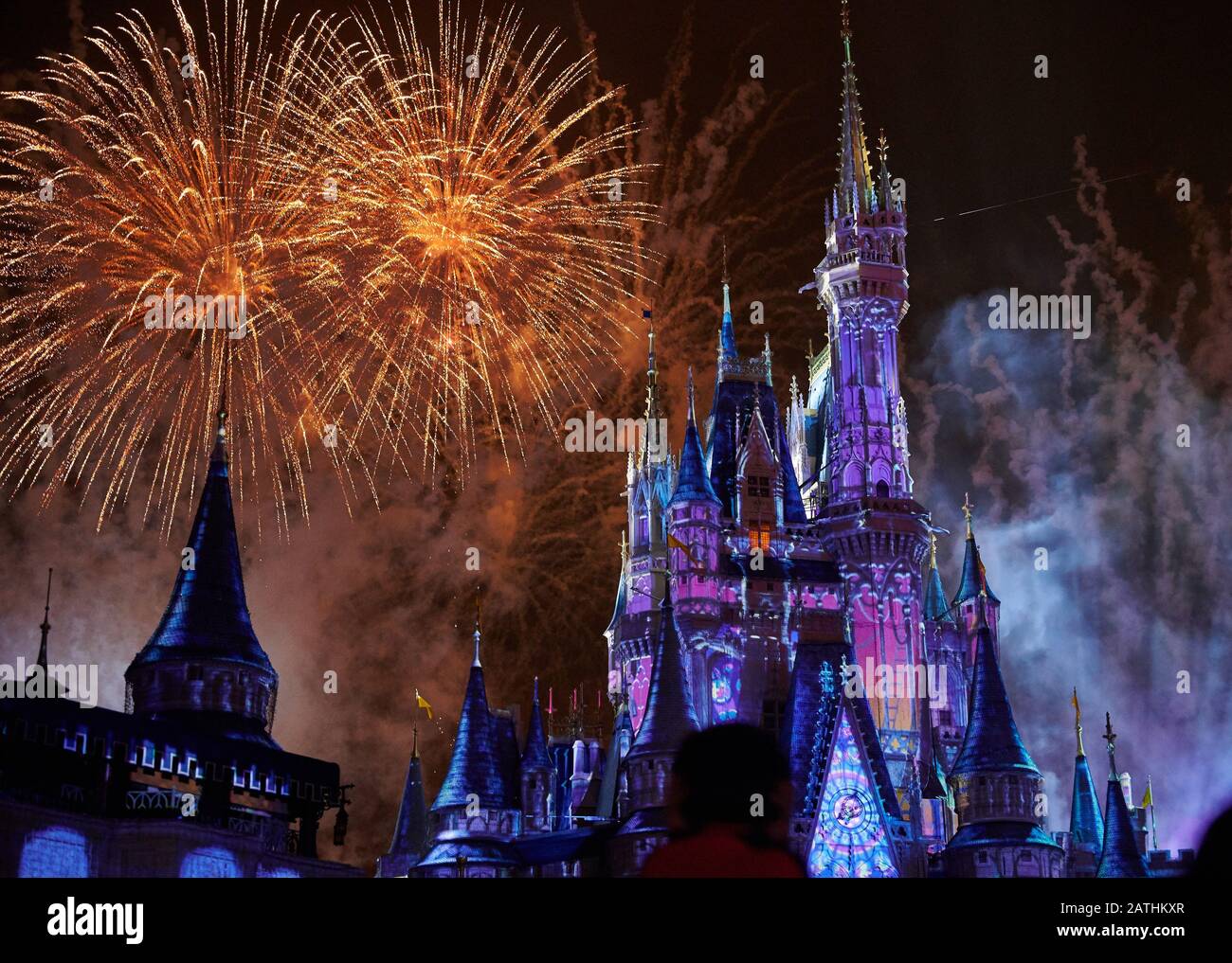 Orlando, USA - 19. januar 2020: Disney-Park mit buntem Feuerwerk-Show in der Nacht Stockfoto