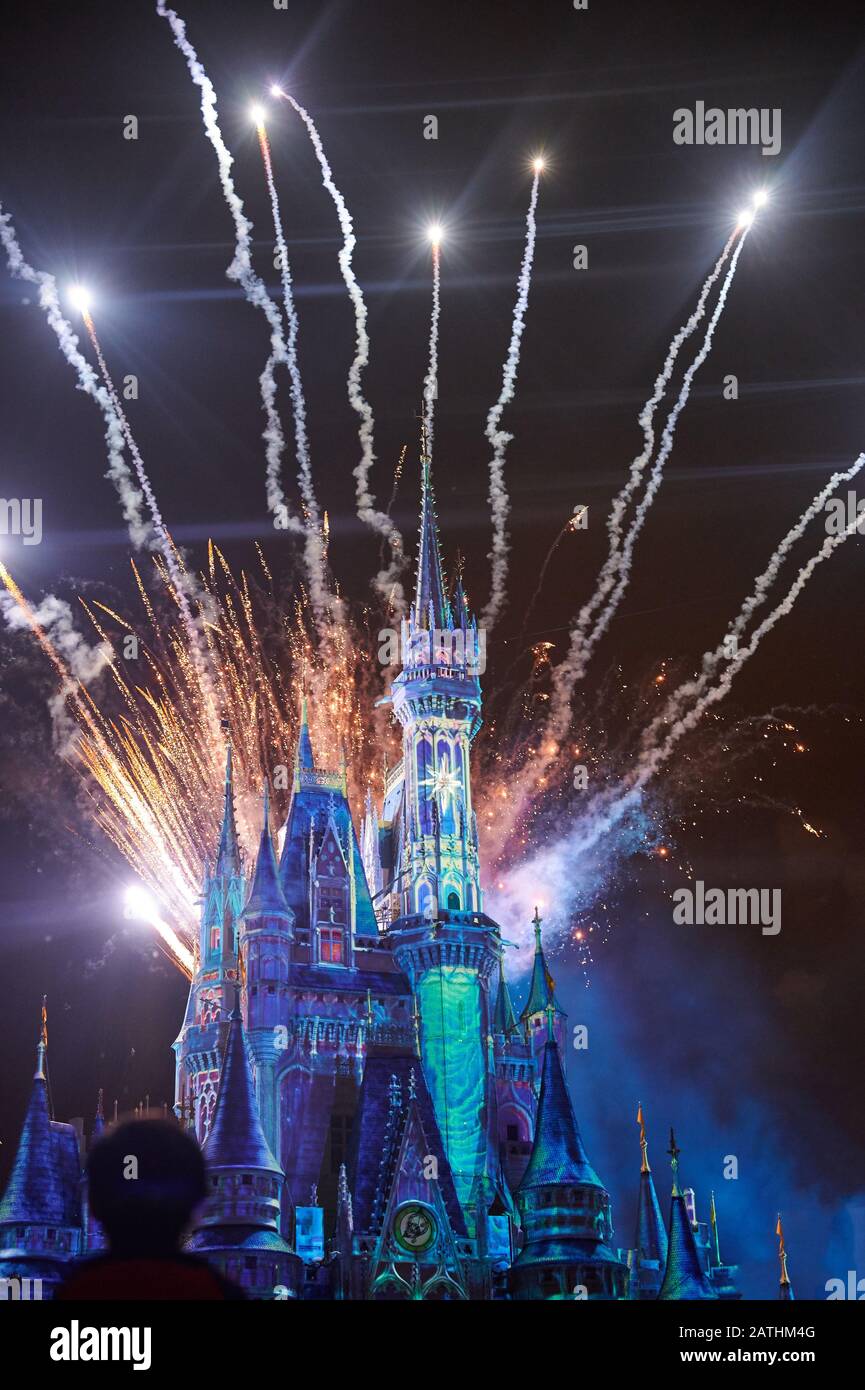 Orlando, USA - 19. januar 2020: Menschen sehen sich in der Nacht den Vergnügungspark "Feuerwerk Magic Kingdom" an Stockfoto