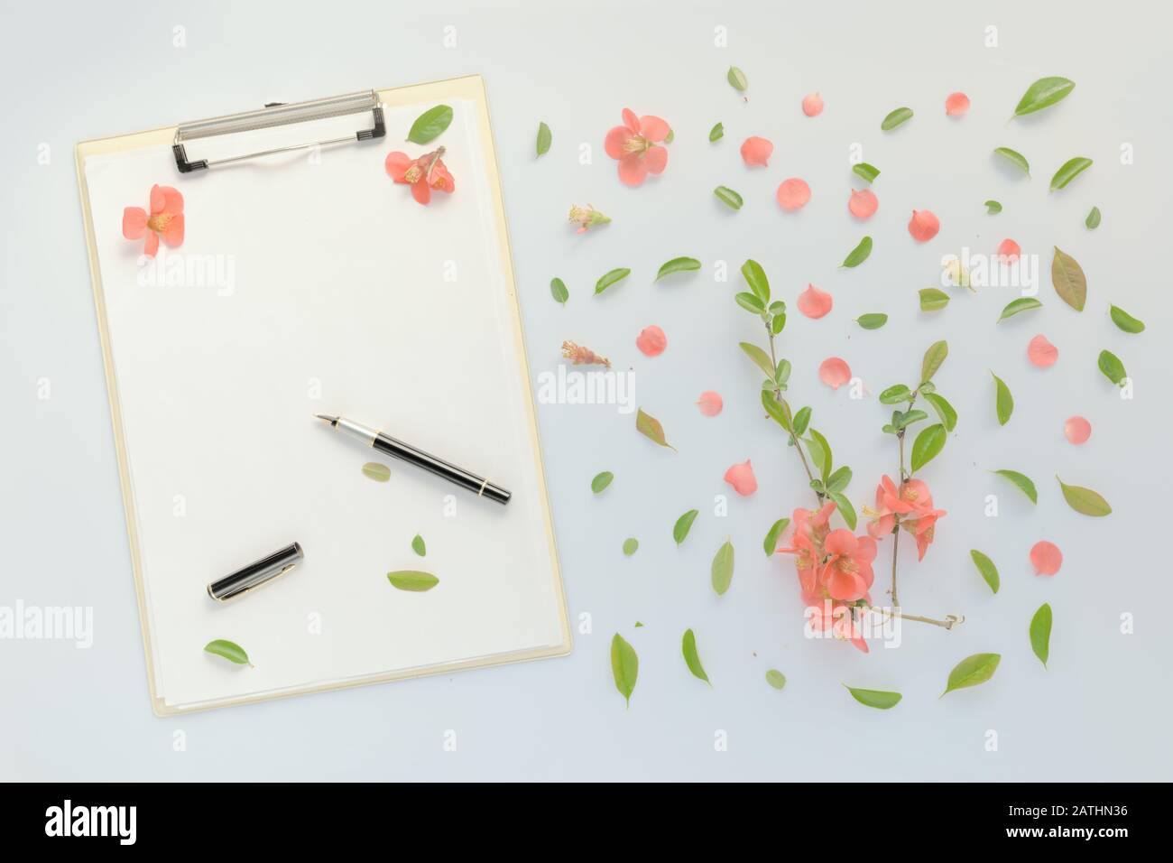 Leeres Papier auf Clipboard Notizblock mit Blumenschmuck, flach Mock up Kopie Platz für Frühling Saison Stockfoto