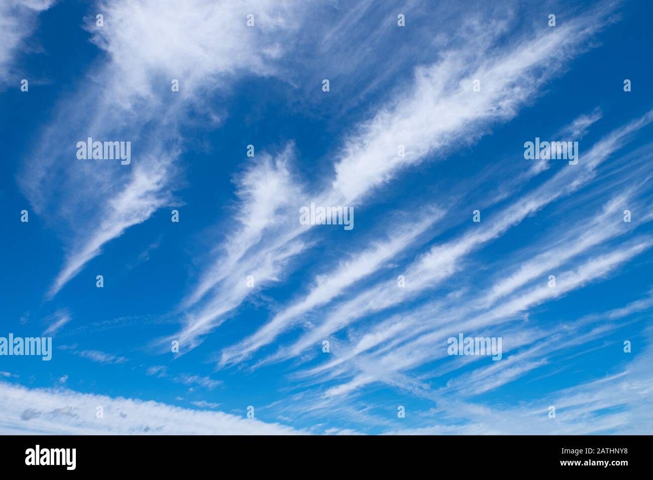Wispige weiße Wolkenbildung gegen einen leuchtend blauen Himmel. Perry Green, Much Hadham, Hertfordshire. GROSSBRITANNIEN Stockfoto