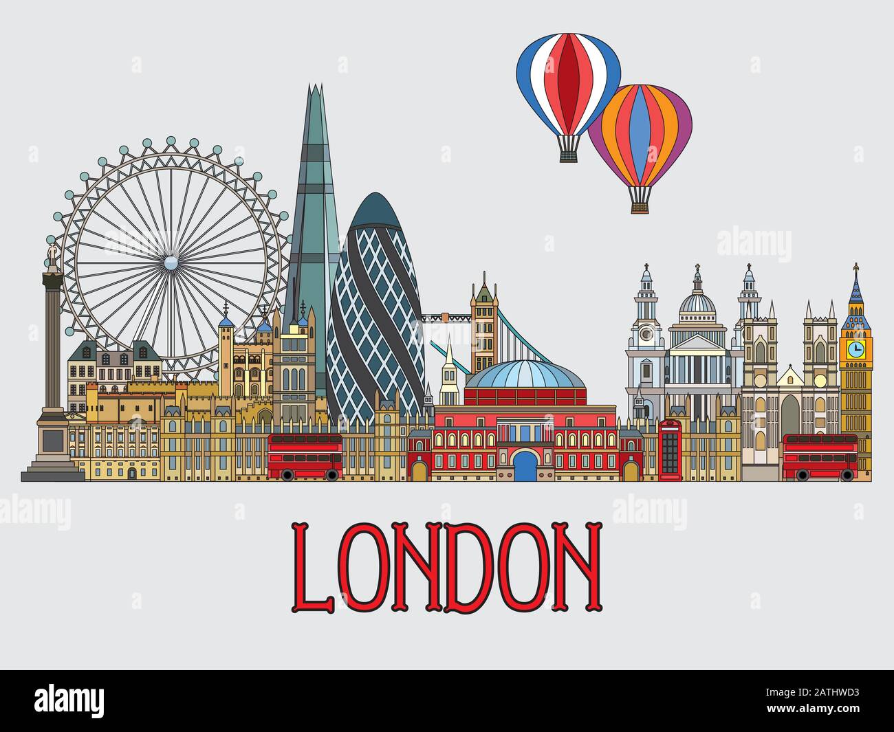 Bunte Vektorgrafiken von London Wahrzeichen. Silhouette Vektor Illustration isoliert auf grauem Hintergrund. Satz von Vektoren farbige Abbildung von attr Stock Vektor