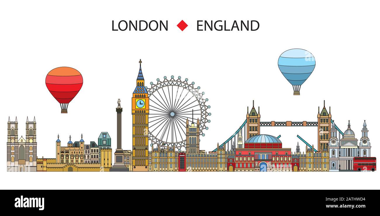 Farbenfrohe Vektorgrafik von Londoner Wahrzeichen, isoliert auf weißem Hintergrund. Vektorgrafiken der Skyline von London. Satz Vektor bunt schlecht Stock Vektor