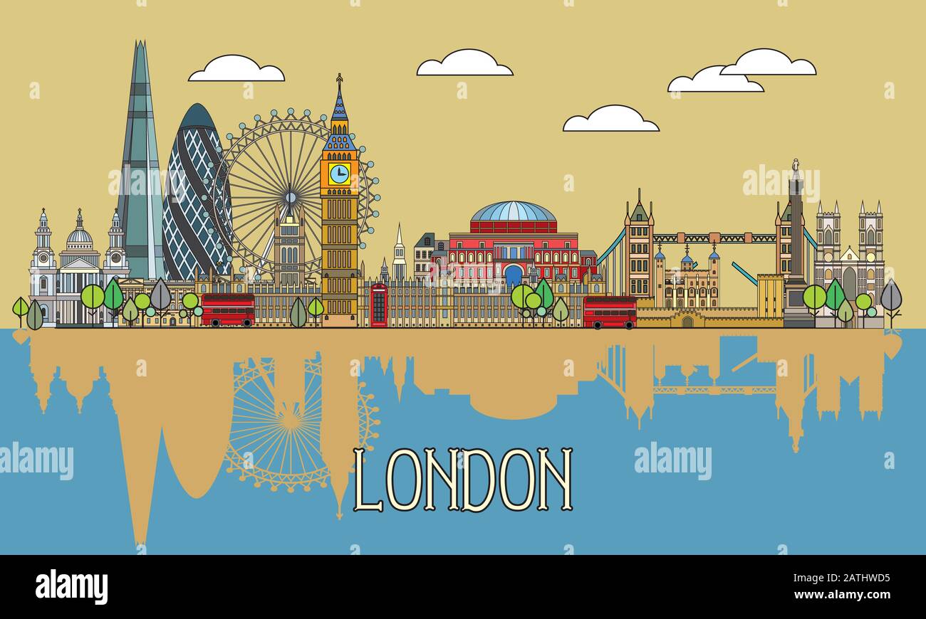 Farbenfrohe Vektorgrafik der Wahrzeichen Londons mit Spiegelung im Wasser. Vektorgrafiken der Skyline von London. Satz von Vektor bunt illustrr Stock Vektor