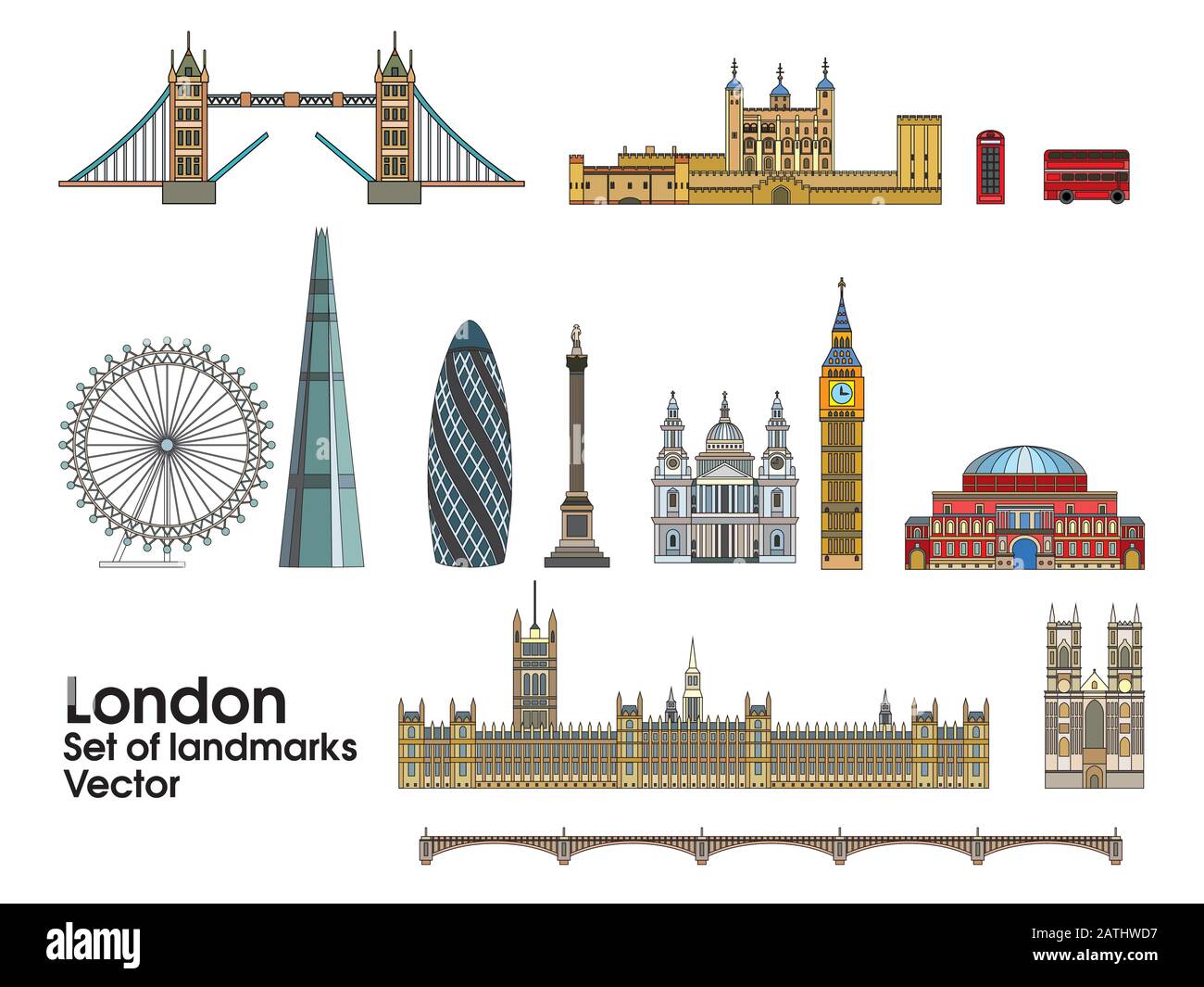 Bunte Vektorgrafiken von London Wahrzeichen. Silhouette Vektor Illustration isoliert auf weißem Hintergrund. Satz von Vektor bunt Illustration von ATT Stock Vektor