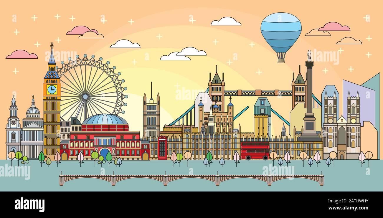 Farbenfrohe Vektorgrafik der Wahrzeichen Londons in der Sonne. Vektorgrafiken der Skyline von London. Satz von Vektor bunt Illustration von Stock Vektor