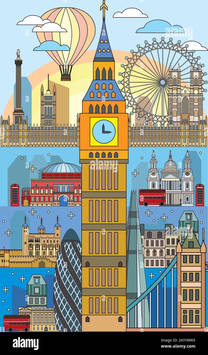 Farbenfrohe Vektorgrafik der Wahrzeichen Londons. Poster mit der Skyline von London, isolierte Illustration. Vertikaler Vektor London Backg Stock Vektor