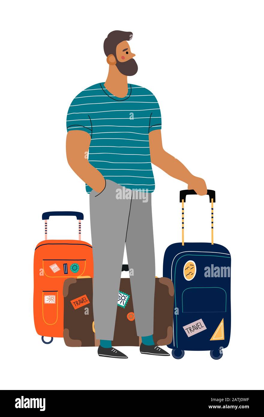 Ein wartender Mann mit Koffern. Isolierte Cartoon-Flachvektor-Illustration auf Weiß Stock Vektor