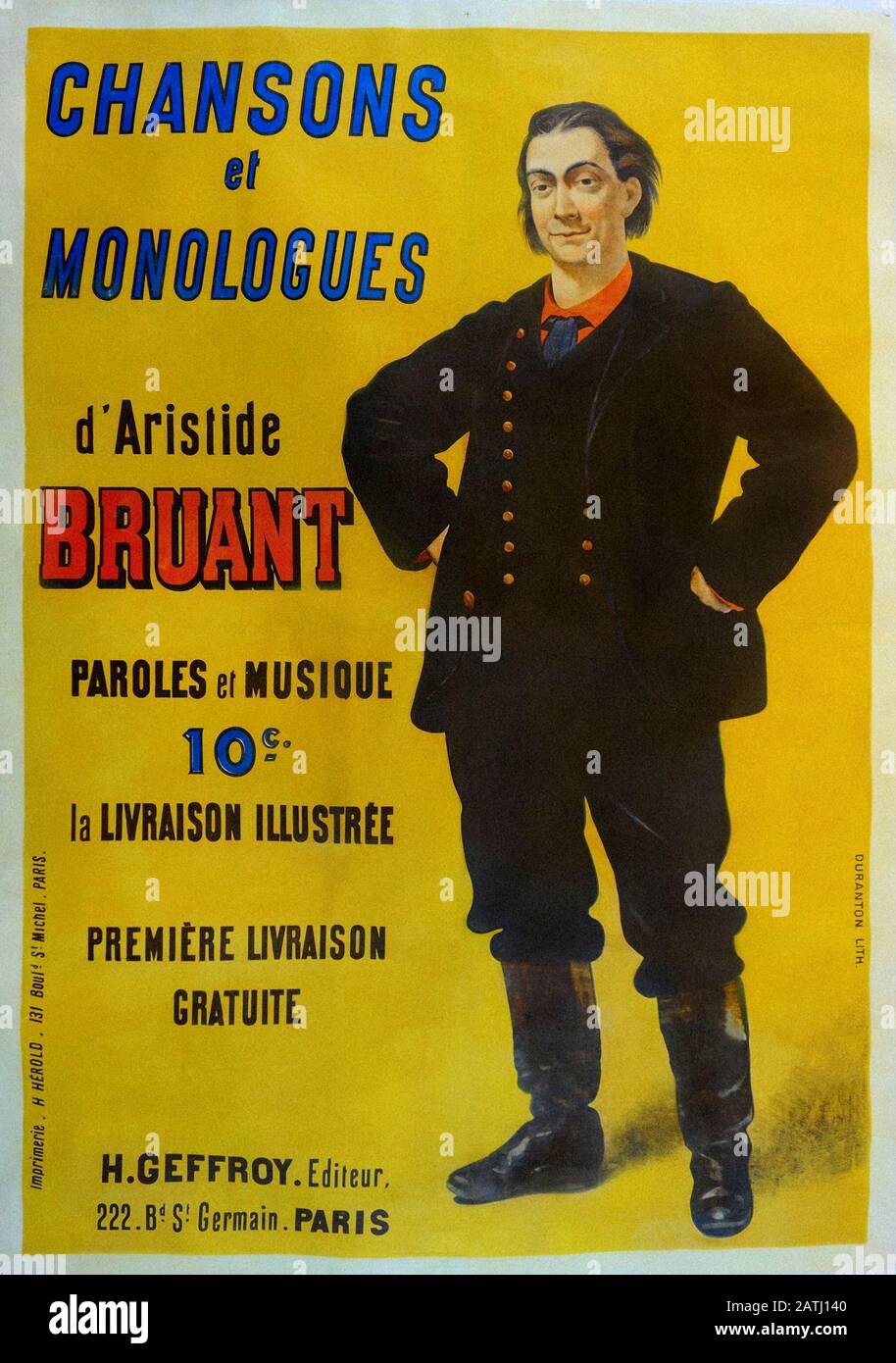 Aristide Bruant (1851 - 1925) war ein französischer Kabarett-Sänger, Komiker und Nachtklubbesitzer. Er ist am bekanntesten als der Mann im roten Schal und am schwarzen kap Stockfoto