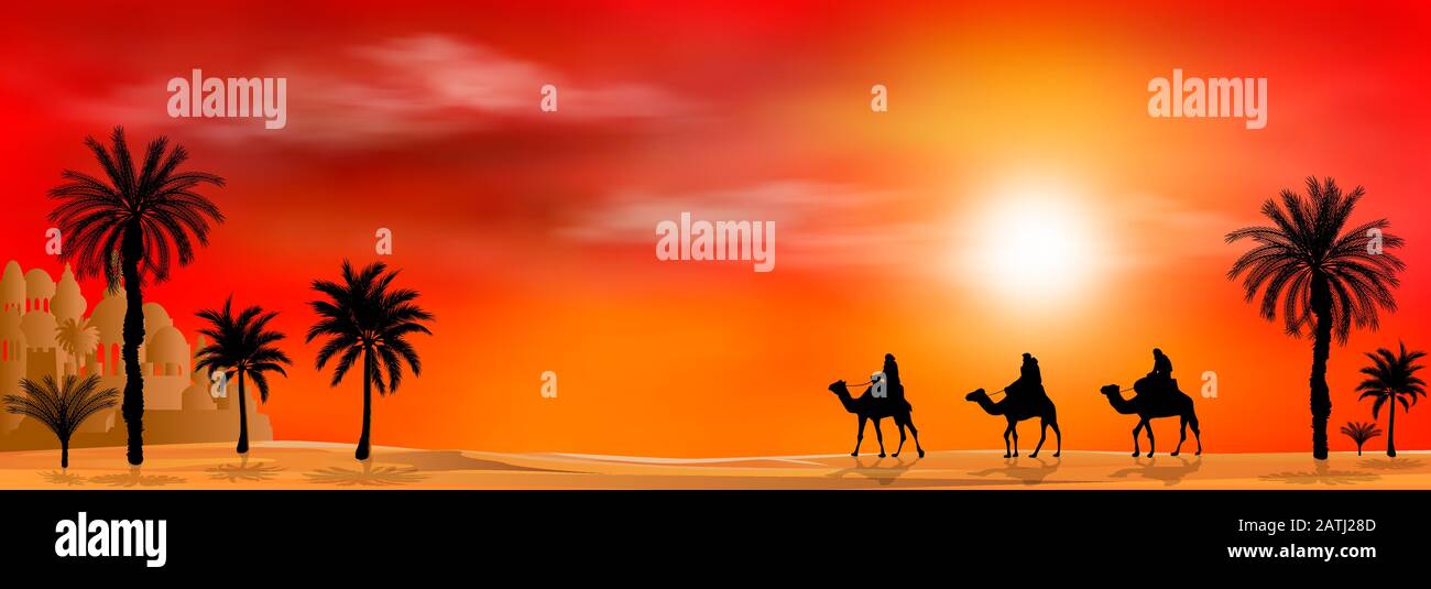 Kamelreiter in einer sandigen Wüste. Karawane im Hintergrund des Sonnenuntergangs. Palmenbaum. Stock Vektor