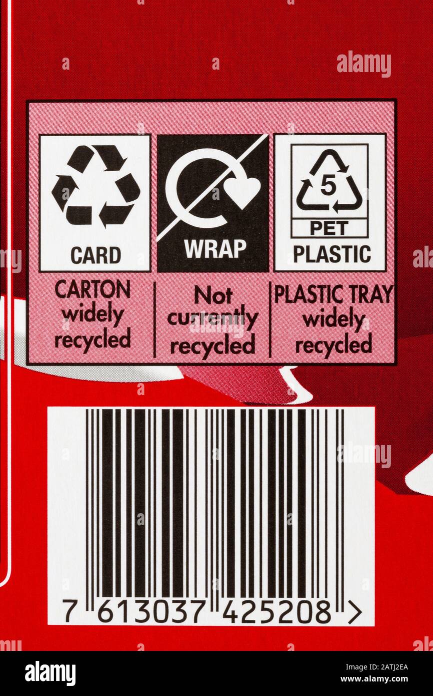 Recycling-Informationen und Strichcode-Barcode auf der Schachtel des Nestle KitKat Selection Chunky – Disposure Recycling Recycle Logo-Symbols Stockfoto
