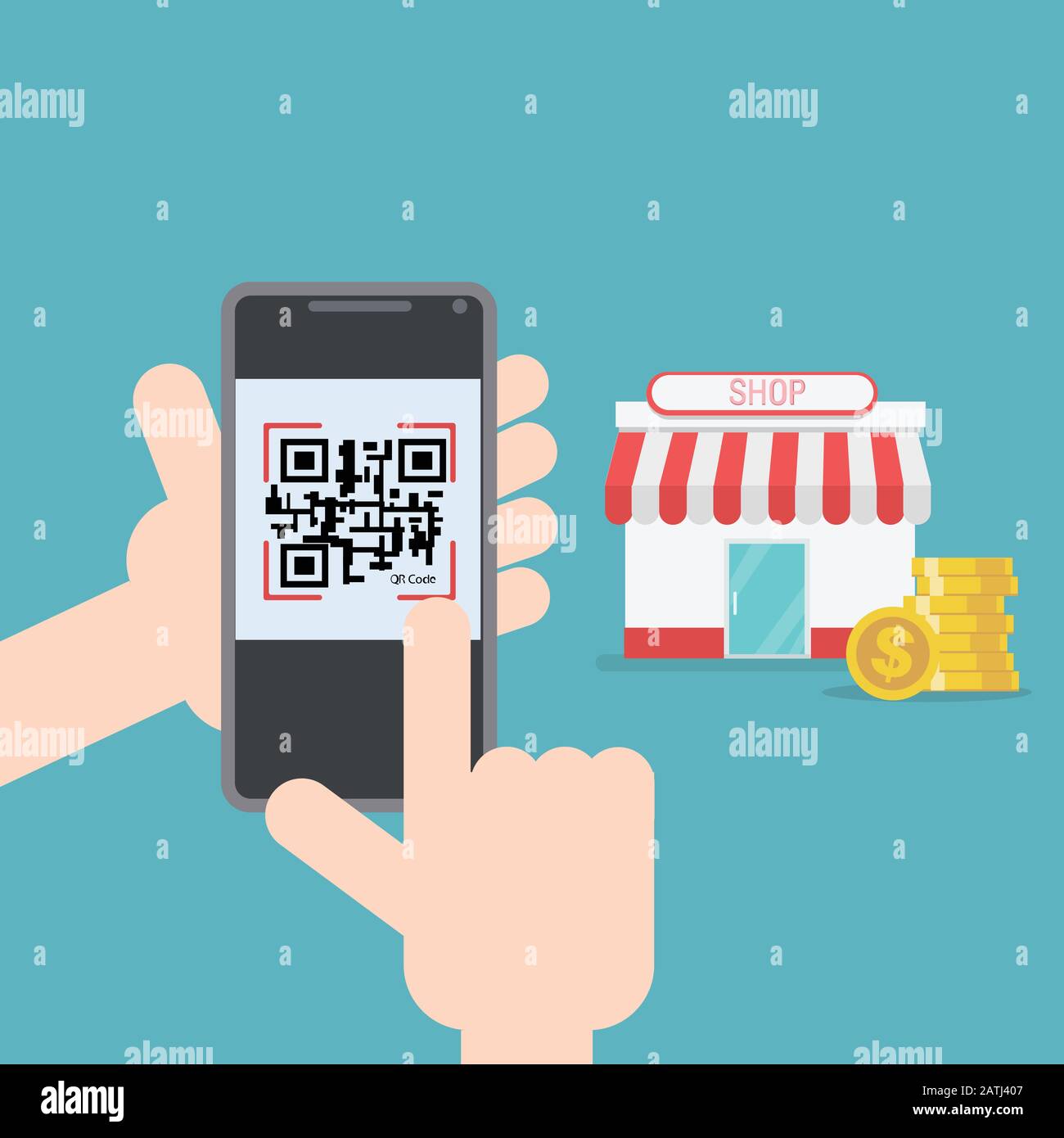 Online-Shopping-Zahlung mit qr-Code Flat Design Vector Illustration.E-Commerce Business Concept. Stock Vektor