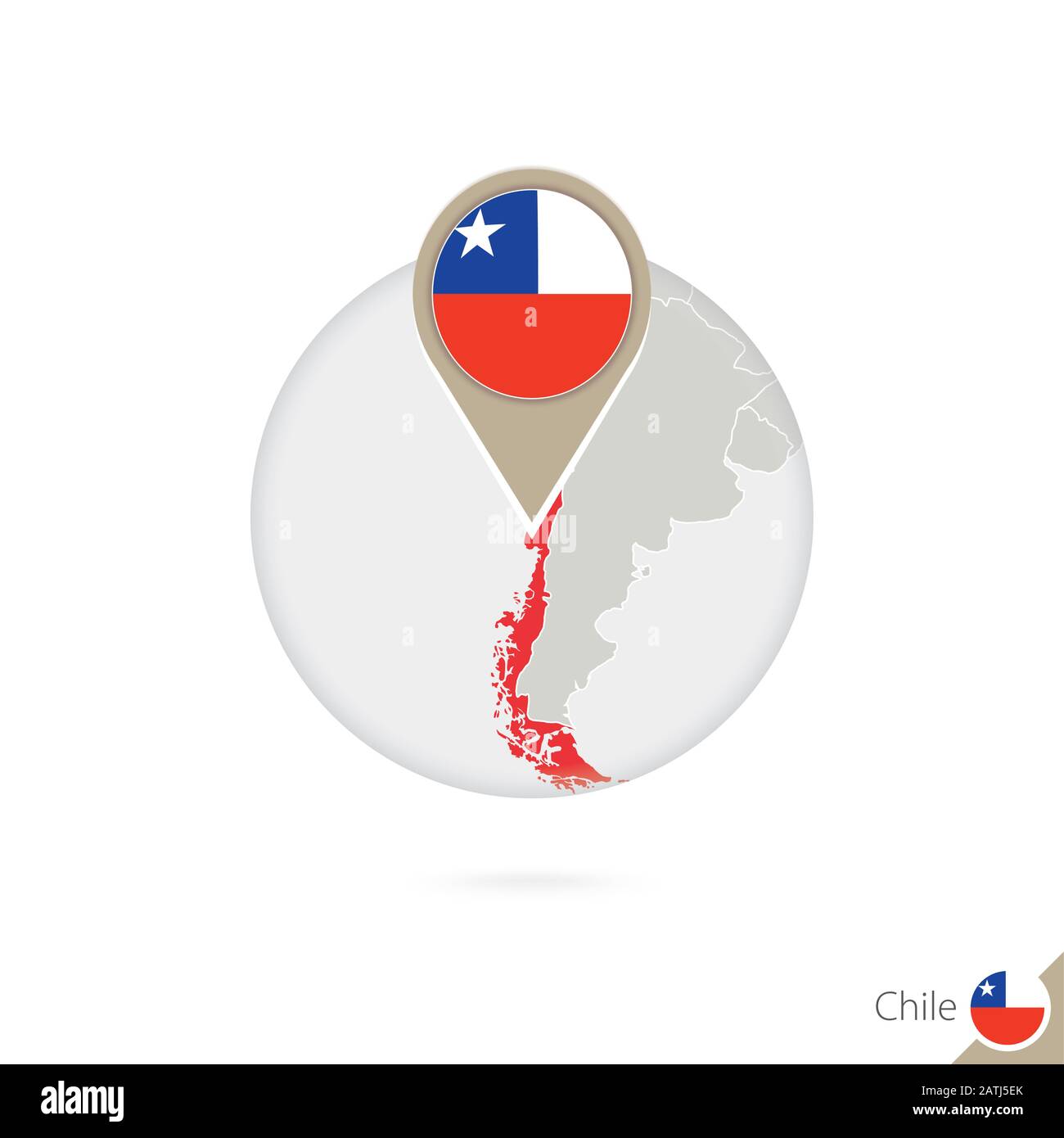 Chile Karte und Flagge im Kreis. Karte von Chile, Flaggenstift Chile. Karte von Chile im Stil des Globus. Vektorgrafiken. Stock Vektor