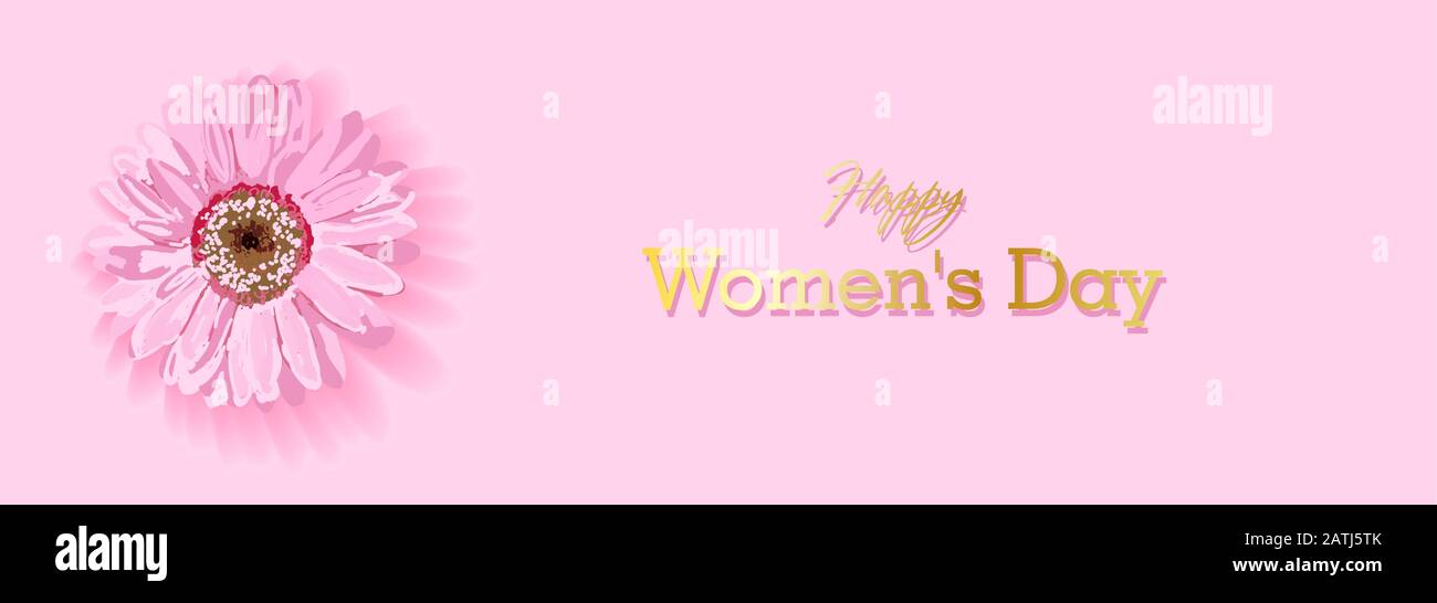Damen Tag Textdesign mit Blumen und pinkfarbenem Hintergrund. Vektorgrafiken. Damen Tag Grußdesign. Vorlage für Poster, Karte, Banner. März. Stock Vektor