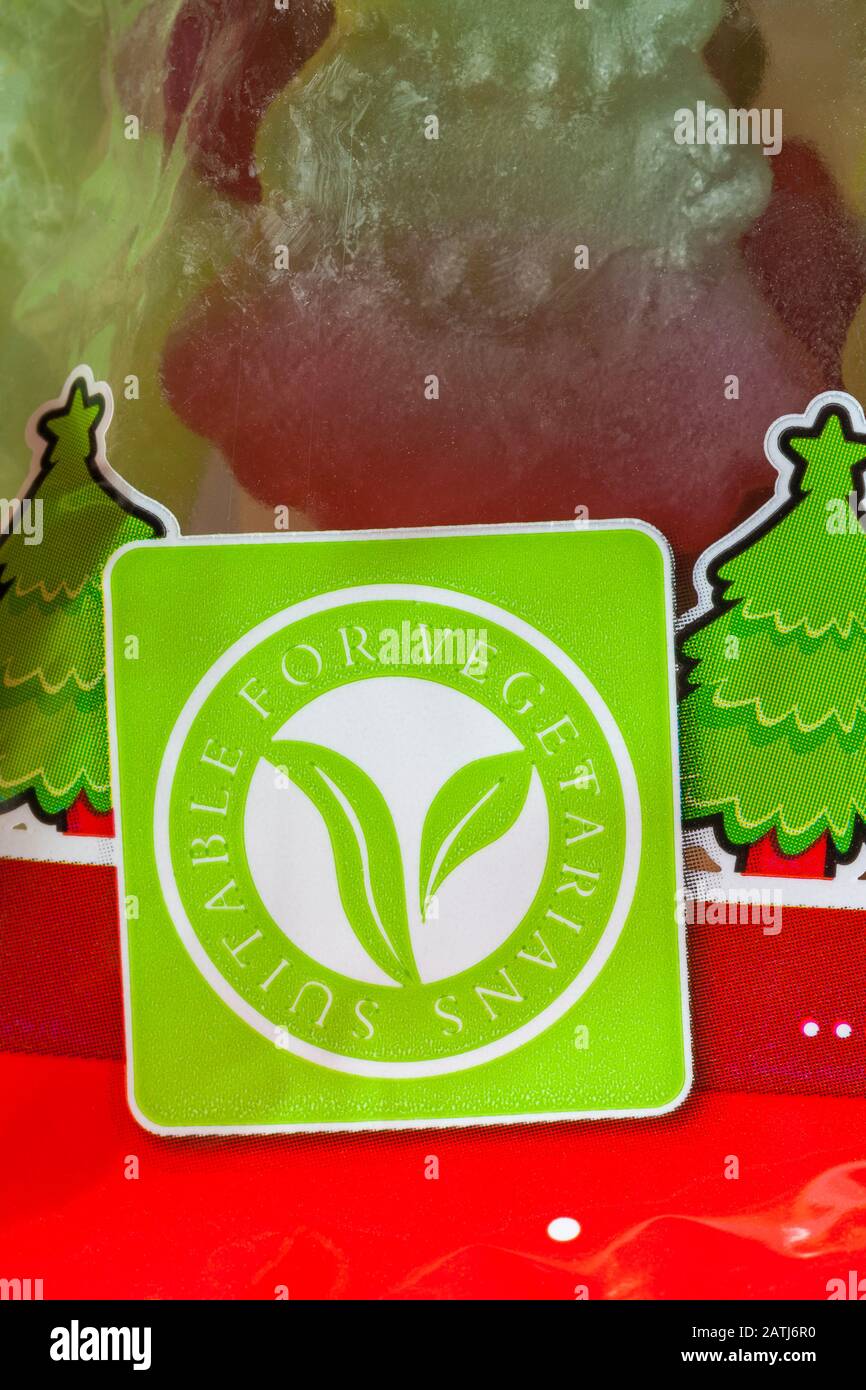 Geeignet für Vegetarier Symbol Logo auf Packung Haribo Giant Trees Bonbons Stockfoto