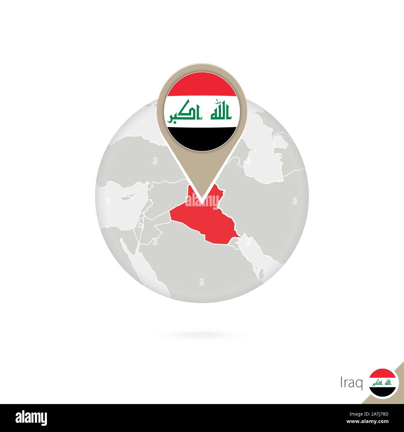 Irak-Karte und Flagge im Kreis. Karte des Irak, Flaggennadel des Irak. Karte des Irak im Stil des Erdballs. Vektorgrafiken. Stock Vektor