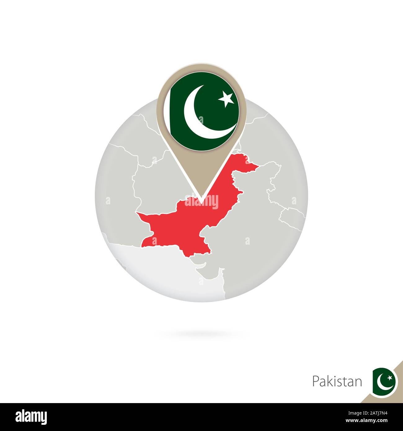 Pakistan-Karte und Flagge im Kreis. Karte von Pakistan, Flaggenstift Pakistan. Karte von Pakistan im Stil des Globus. Vektorgrafiken. Stock Vektor