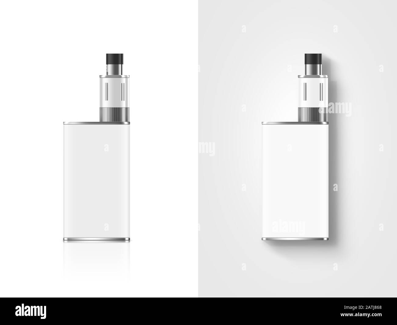 Leerer weißer Vape Mod Box isoliert, Beschneidungspfad, Ständer und Lügen,  Draufsicht. Durchsichtige Smoking Vapor Mock-up-Vorlage. Modbox Verdampfer  Vorrichtung Prese Stockfotografie