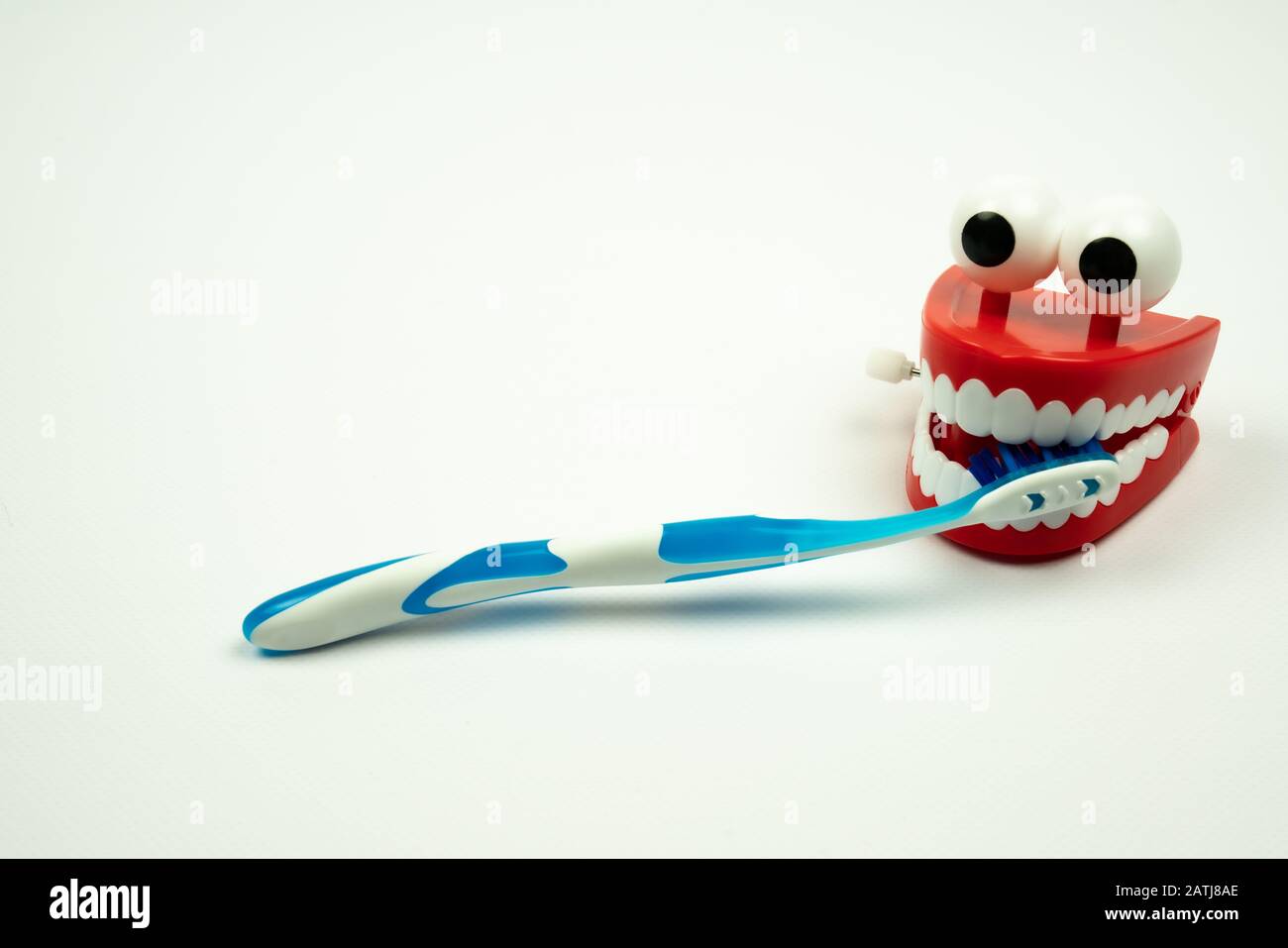 Zahnbürste im Mund von lustigen ratternden Zähnen Spielzeug auf weißem Hintergrund Stockfoto