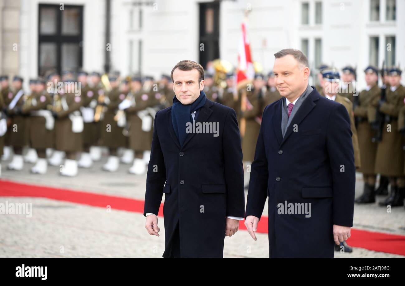 Warschau, Polen. Februar 2020. Der Präsident der französischen Republik Emmanuel Macron besucht den präsidenten Polens Andrzej Duda im Präsidentenpalast Stockfoto