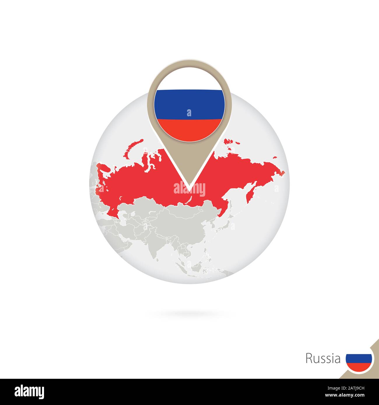 Russland Karte und Flagge im Kreis. Karte von Russland, Flaggenstift Russland. Karte von Russland im Stil des Globus. Vektorgrafiken. Stock Vektor