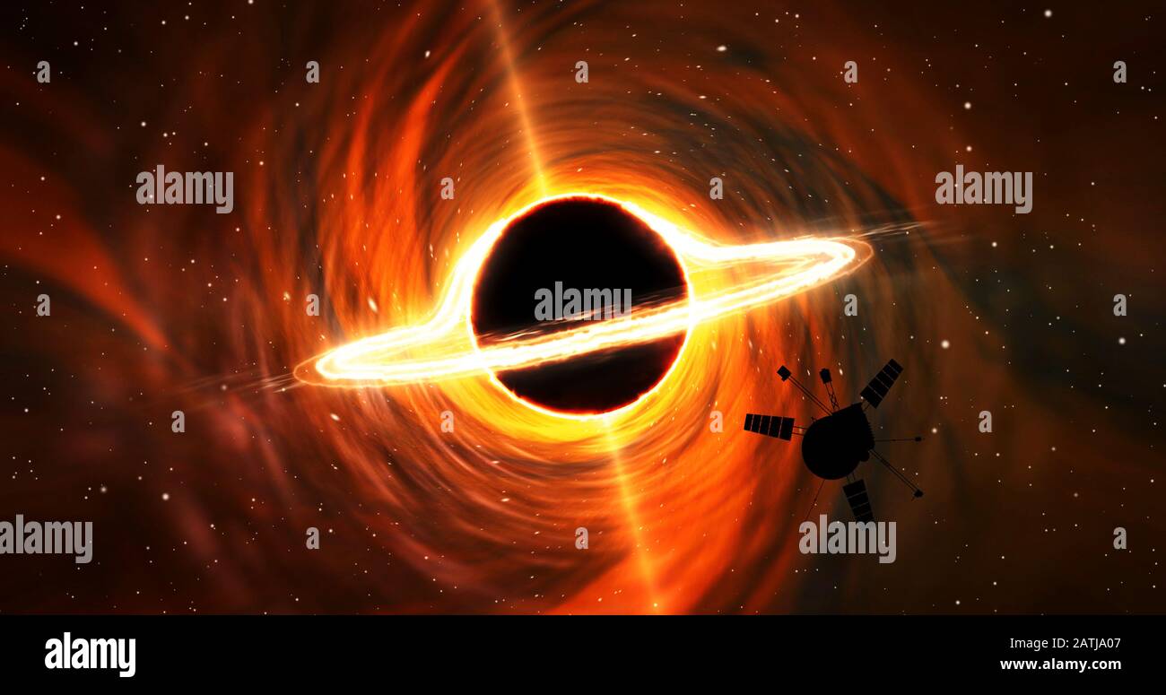 Erkundung von Schwarzen Löchern durch Raumfahrzeuge. Wirbel im Galaxienzentrum. Dunkler Stern mit Energiewirbelring. Forschung im Tiefraum. Kosmos, Wissenschaft und Astronomie a Stockfoto