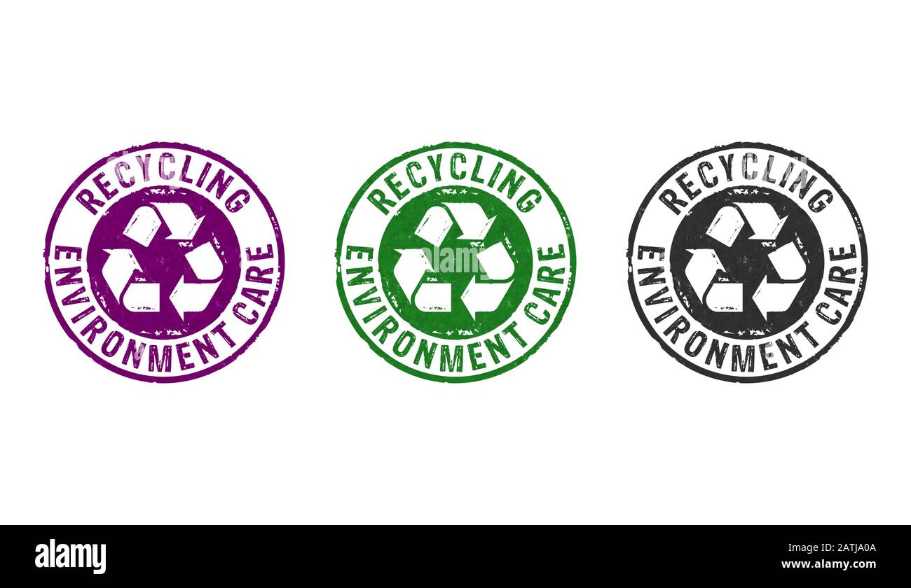 Wiederverwertung von Stempelsymbolen in wenigen Farbausführungen. Recycling-Symbol, Pfeile, wiederverwertbare Materialien, Umweltschutz und erdsicheres Konzept 3D-Renderin Stockfoto