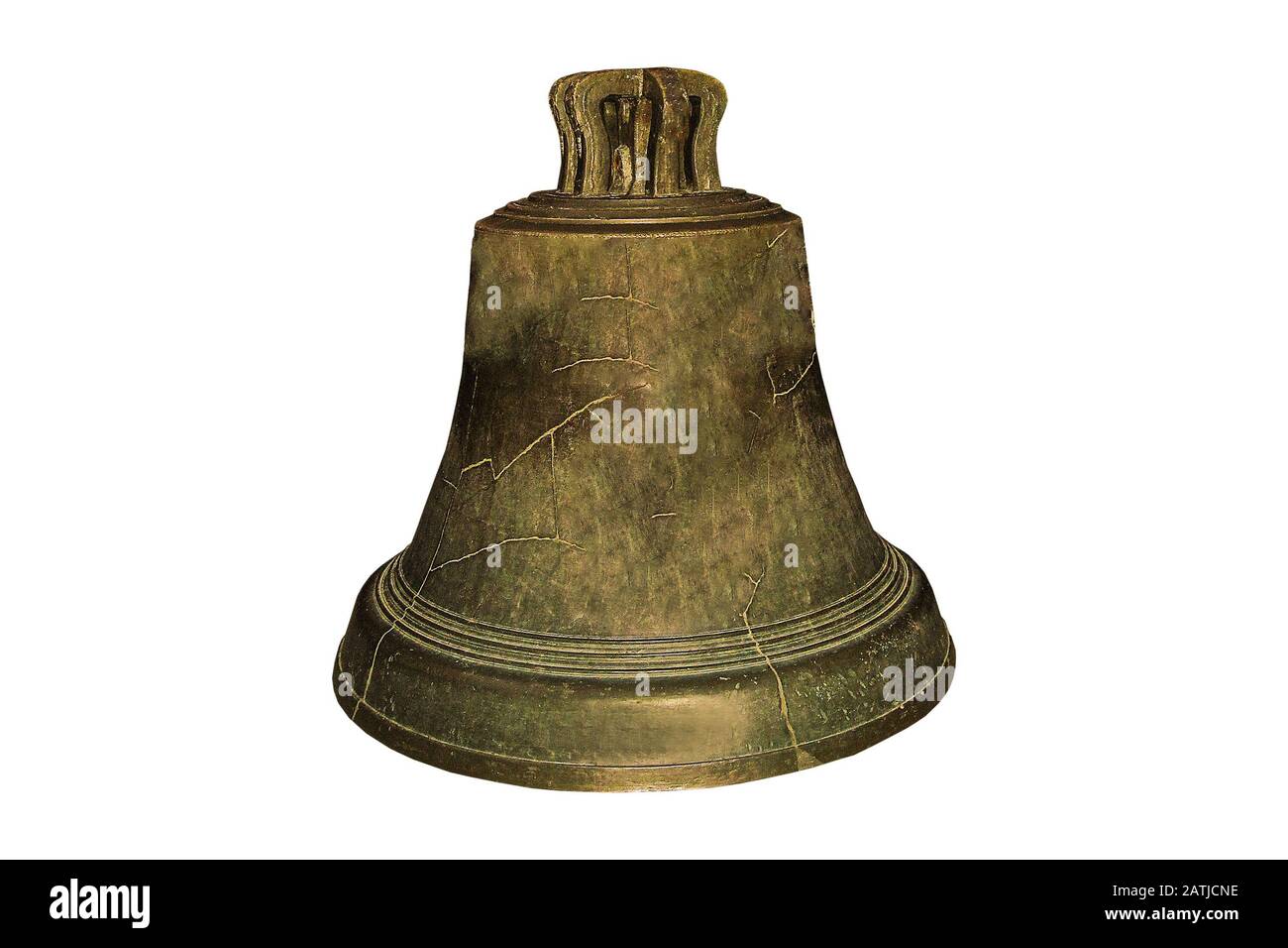 Große Glocke auf weiß isoliertem Hintergrund. OLR knackte gelbe Metallglocke als Religion mittelalterlichen Symbols oder Reise-Point of Interest Stockfoto