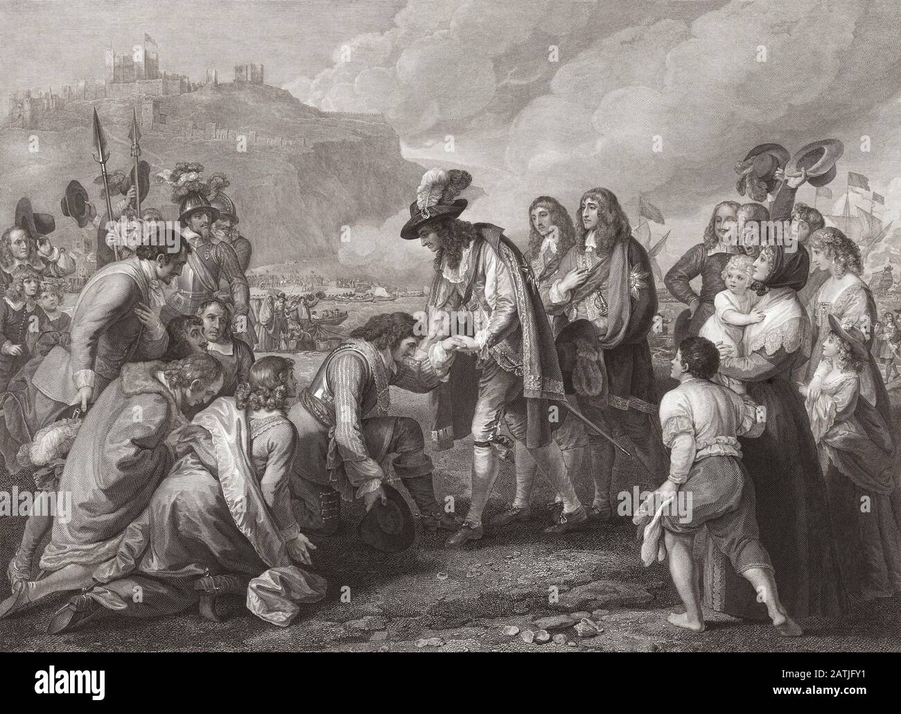 König Karl II. Kommt am Strand von Dover, England, am 25. Mai 1660 an. Karl II., 1630 - 1685. König von England, Schottland und Irland. Stockfoto